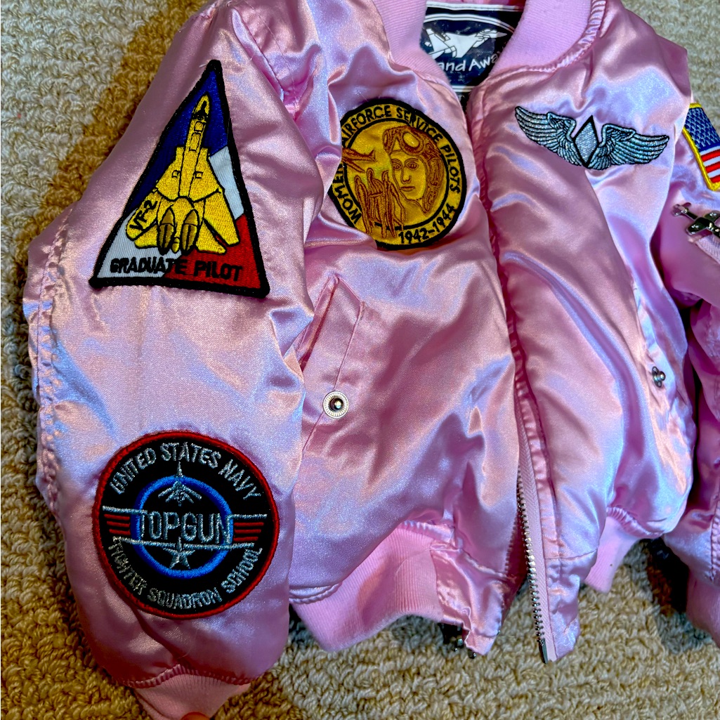 Pink Puffer Jacket With Air Force And Top Gun Patches In Like New Condition
